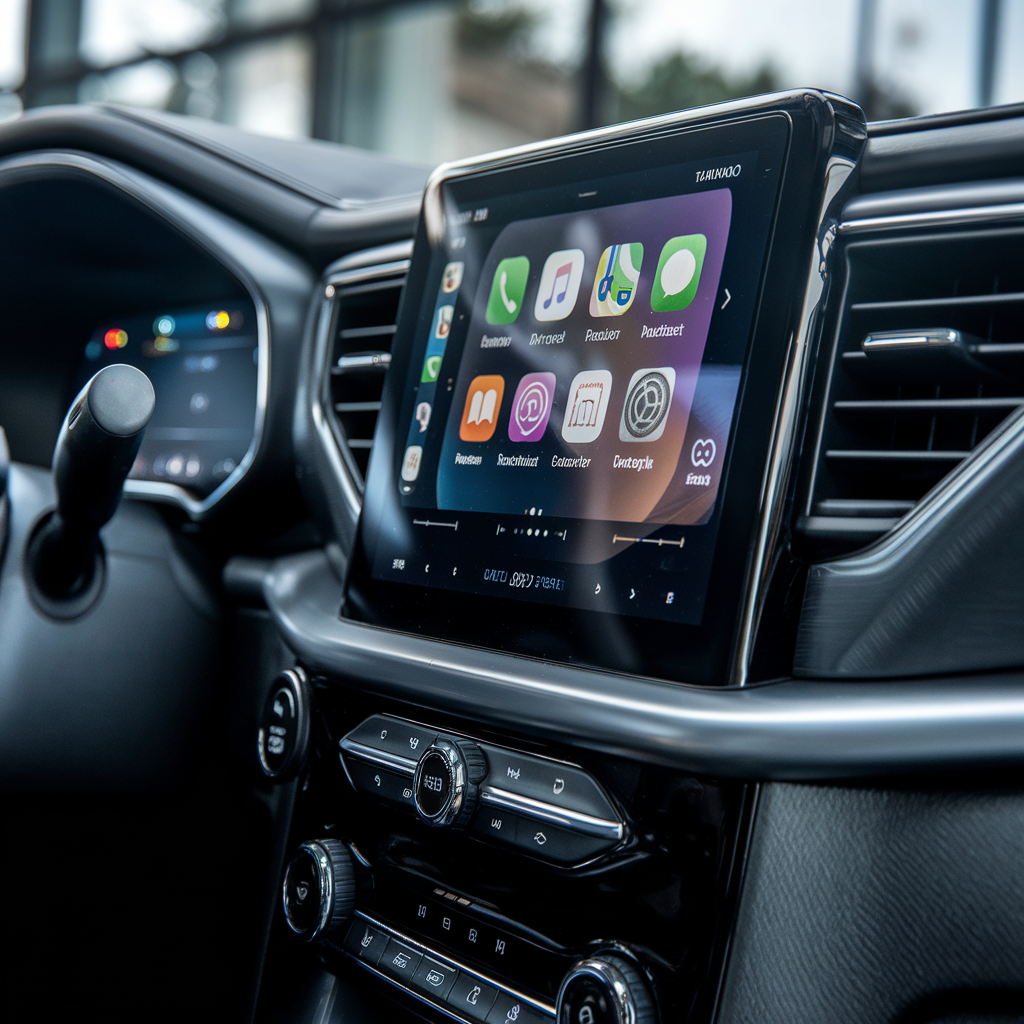 Gros plan de l'interface CarPlay avec widgets personnalisables