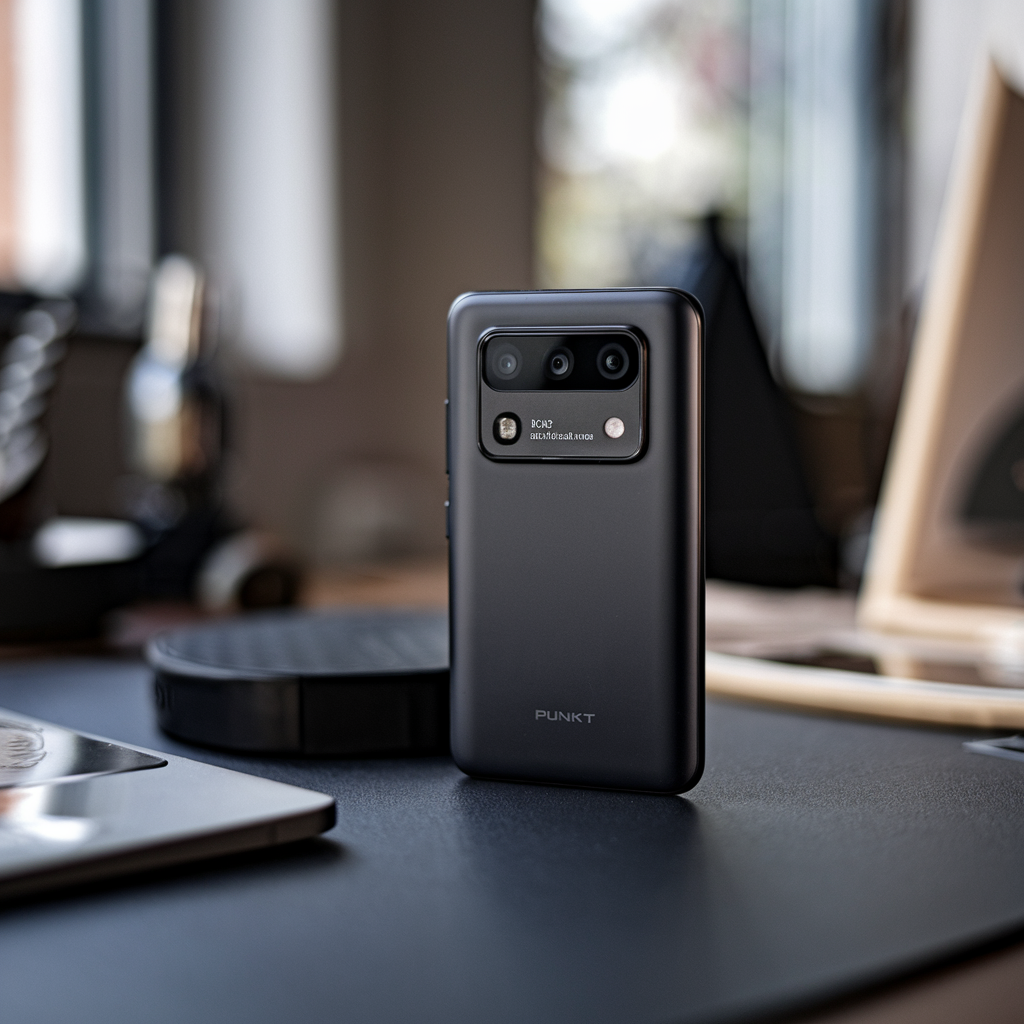 Vue rapprochée du dos du smartphone Punkt MC03 avec finition noire mate