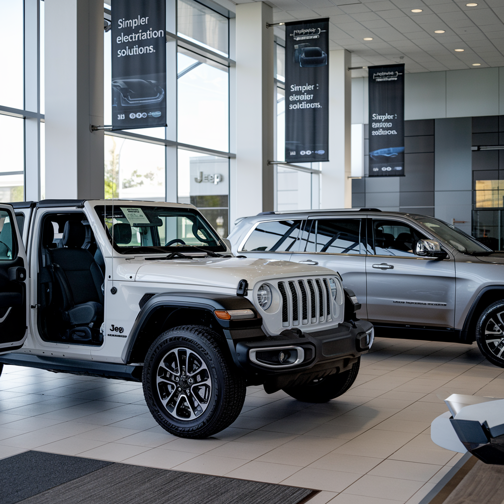 Jeep Wrangler 4xe et Grand Cherokee 4xe en showroom.