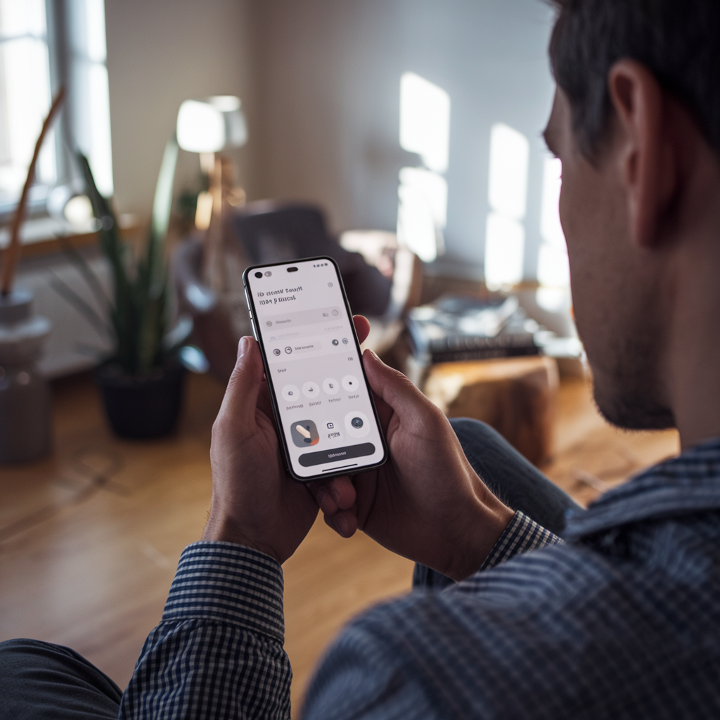 Un homme utilisant un smartphone Punkt MC03 dans un salon minimaliste