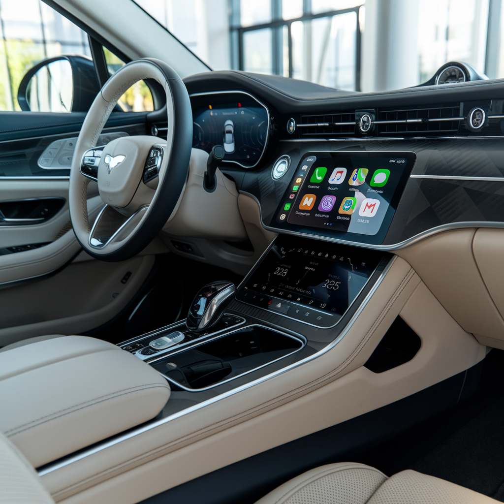 Intérieur de voiture avec interface CarPlay en mode sombre