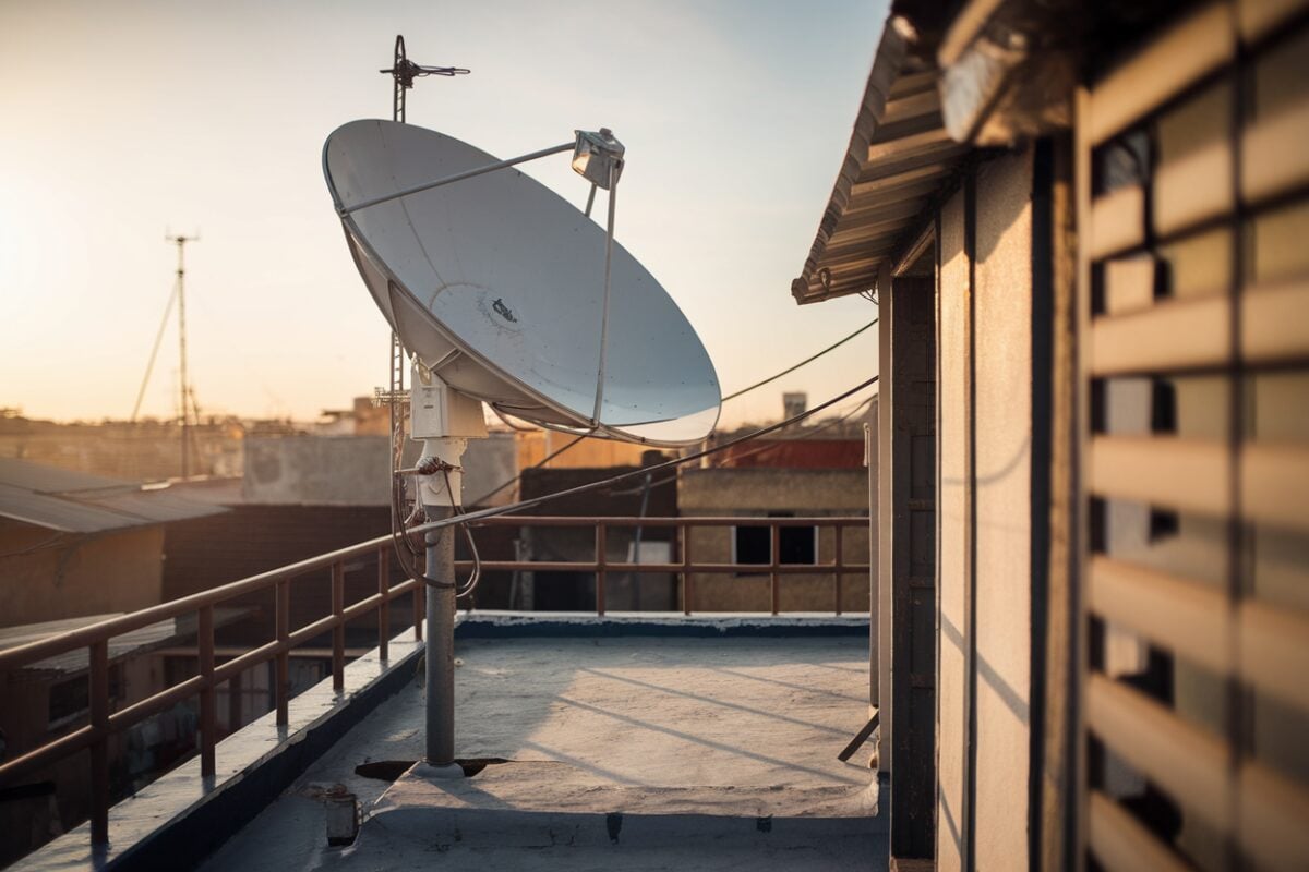 Antenne Starlink sur un toit à Dakar Antenne Starlink installée sur un toit à Dakar, Sénégal