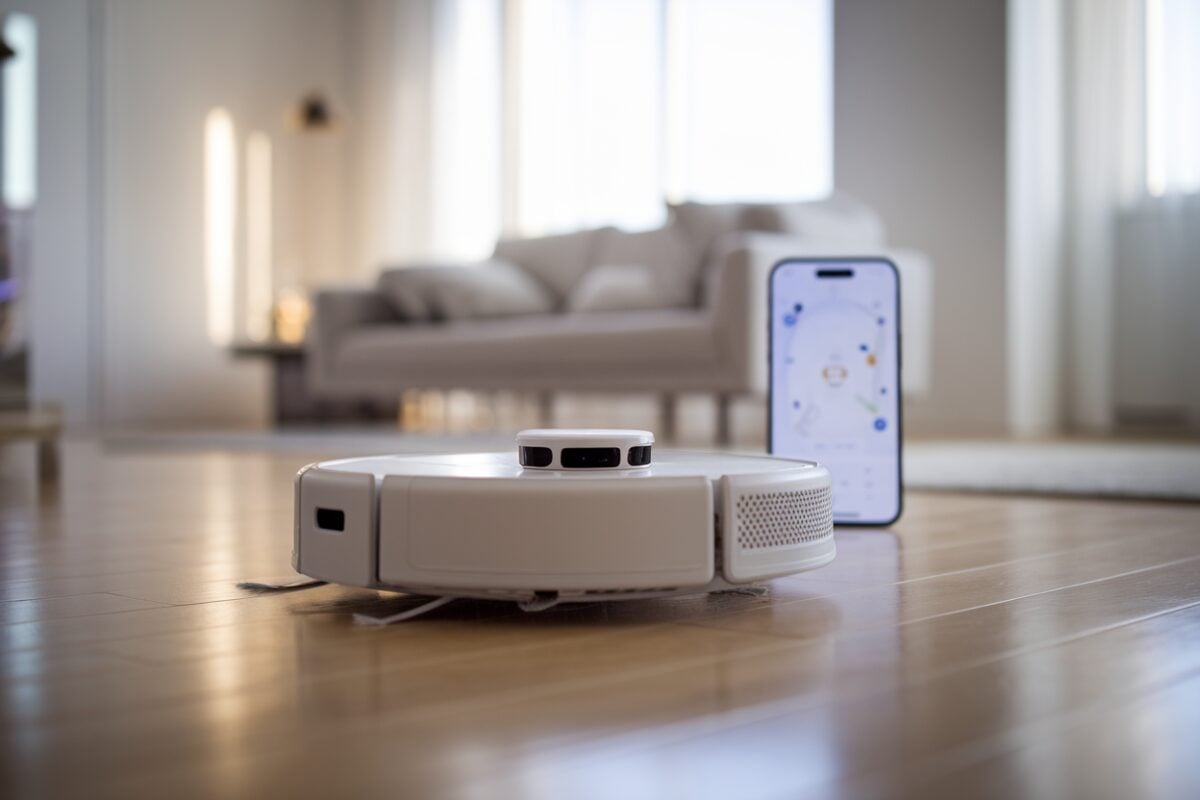 Robot DJI Romo et carte du logement Un robot aspirateur DJI Romo devant une carte d’appartement sur smartphone