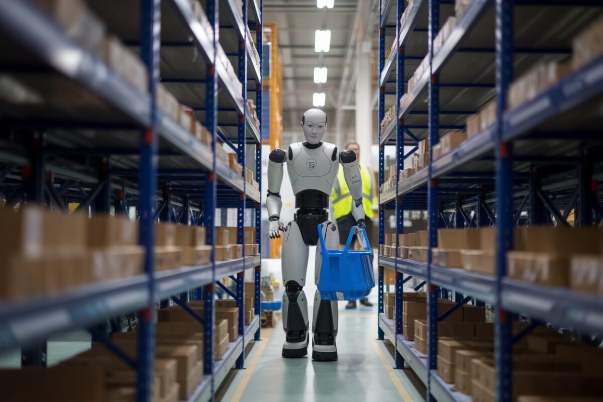Apollo en test industriel Un robot humanoïde en entrepôt transporte un bac près d’étagères