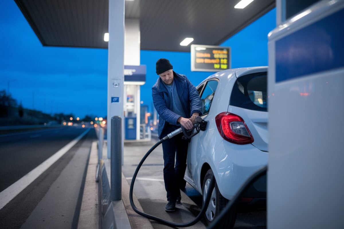 Aide carburant pour grands rouleurs Un automobiliste fait le plein avant d’aller travailler tôt le matin