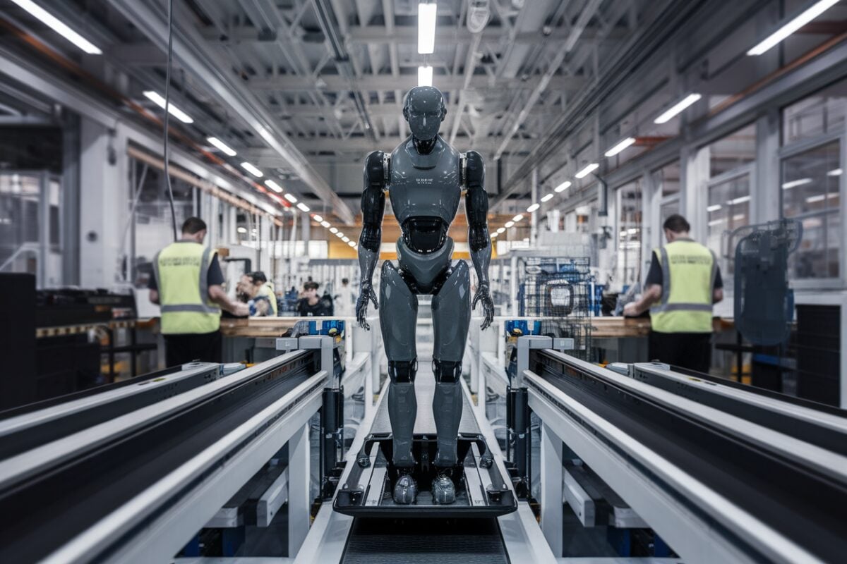 Usine Tesla et robot Optimus Robot humanoïde dans une usine moderne, lignes de production en arrière-plan