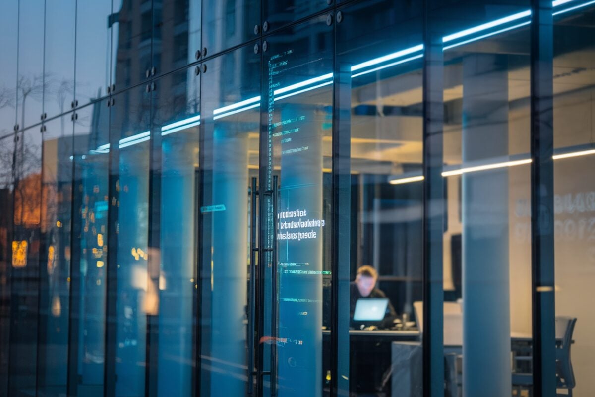 Cyberattaque dans une startup IA Façade d’un bureau tech à Paris, ambiance cybersécurité au crépuscule