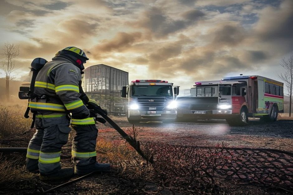 Pompiers près d’onduleurs photovoltaïques lors d’un exercice incendie en zone rurale