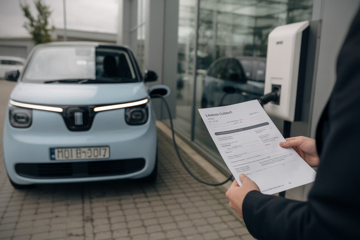 Client examine un contrat de leasing social près d’une voiture électrique.