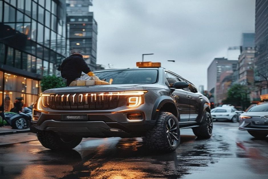 Grand SUV hybride Xiaomi en ville, gabarit XXL et feux LED