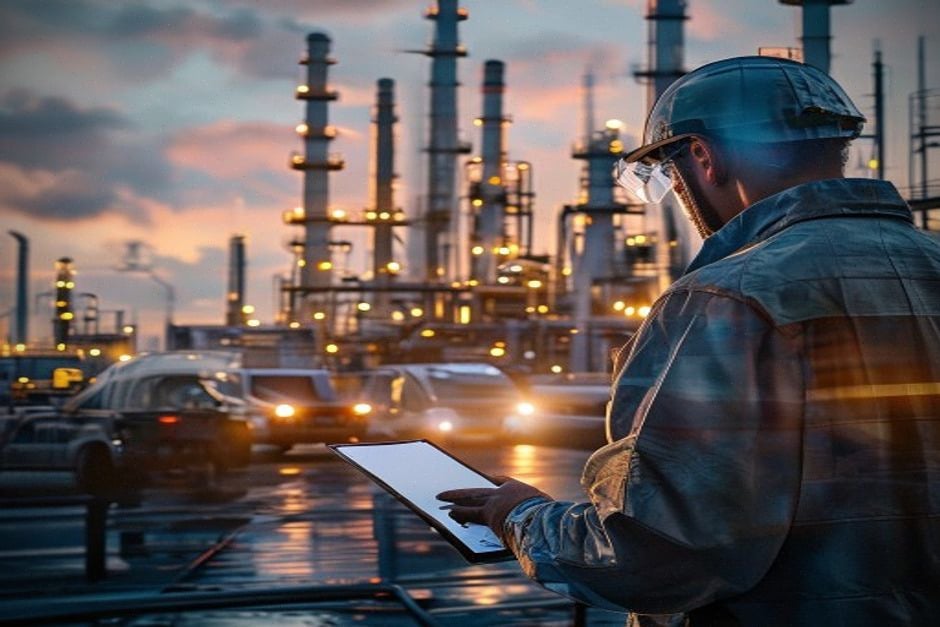 Raffinerie et technicien suivant les cours du pétrole sur tablette