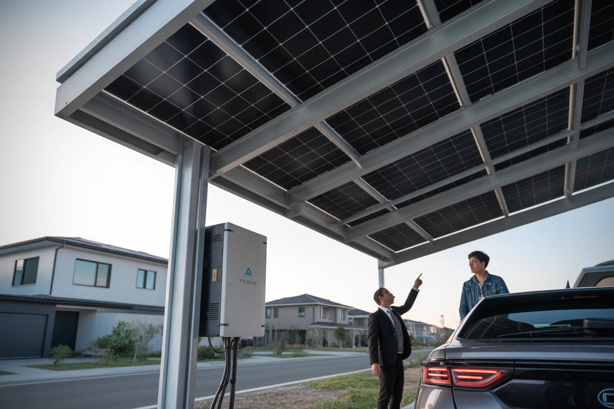 Carport solaire avec panneaux photovoltaïques et installation électrique en extérieur