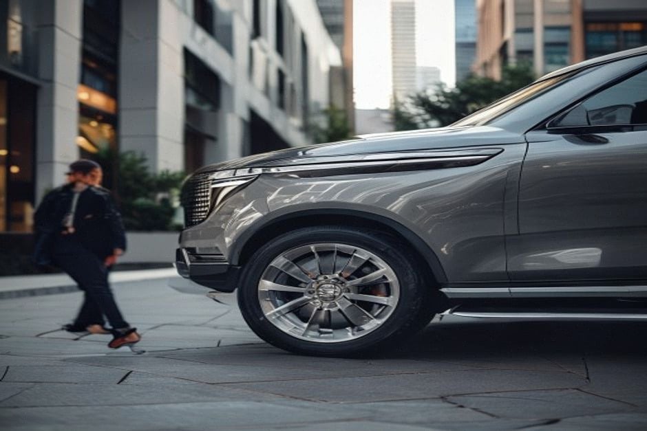 SUV hybride de luxe, détails de carrosserie et jantes premium