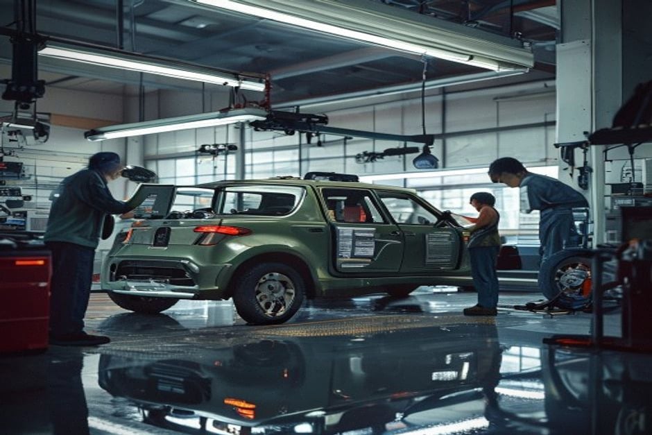 Prototype de mini-voiture Kei électrique en atelier japonais, techniciens au travail