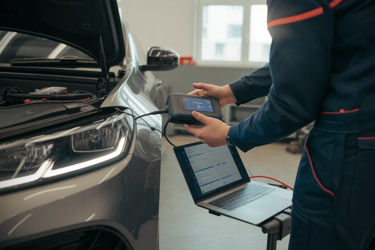 Diagnostic de santé batterie sur voiture électrique d’occasion en atelier