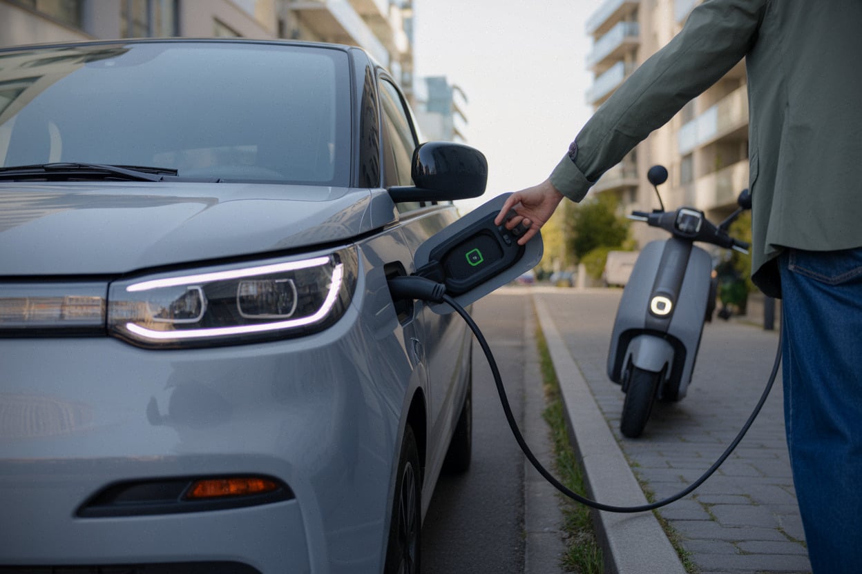 Citadine électrique Volkswagen en ville, port de recharge ouvert