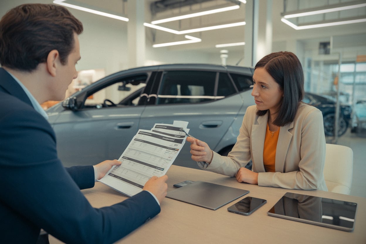 Client et vendeur comparent prix et financement d’une électrique