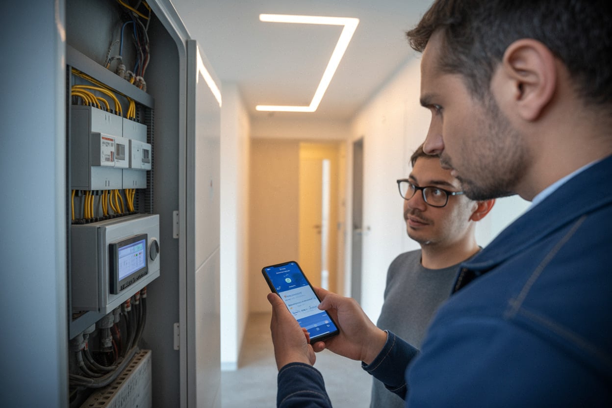 Technicien vérifiant compteur et tableau électrique dans un immeuble moderne
