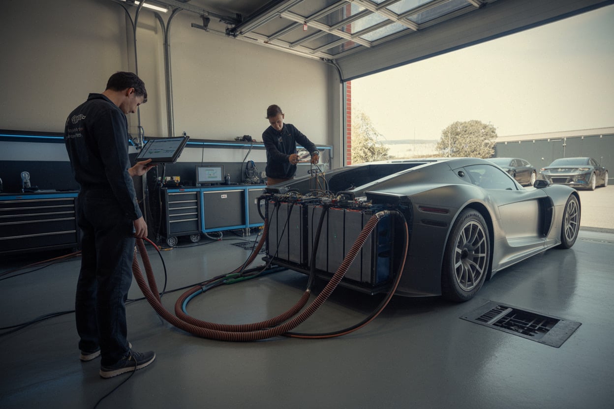 Ingénieurs testant le refroidissement batterie et l’électronique de puissance en garage