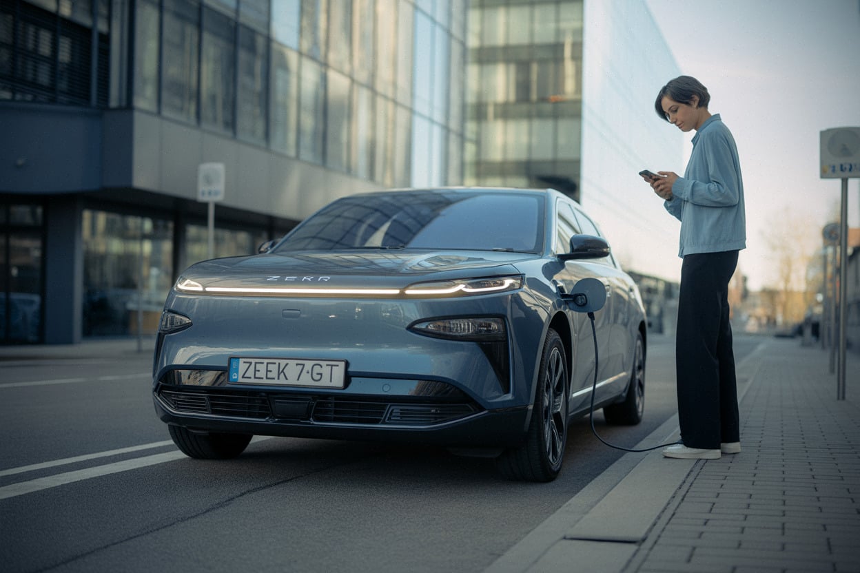 Zeekr 7GT break électrique stationné en ville, détails de design premium