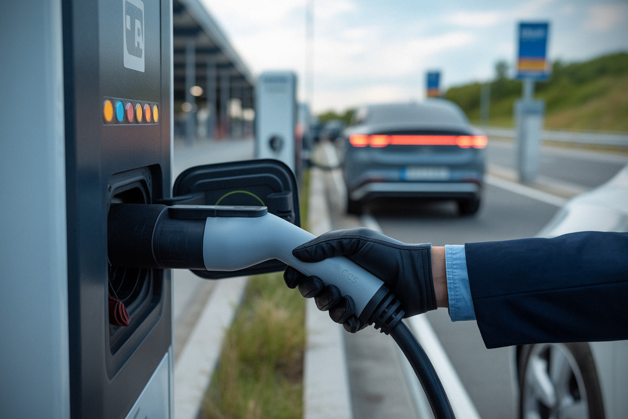 Recharge rapide DC sur autoroute, connecteur branché à une borne.