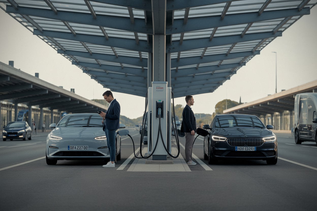 Aire d’autoroute avec bornes rapides et conducteurs comparant les prix