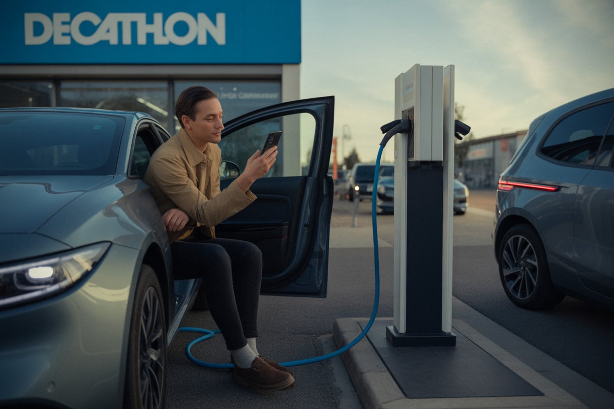 Conducteur comparant prix de recharge et cashback sur parking Decathlon