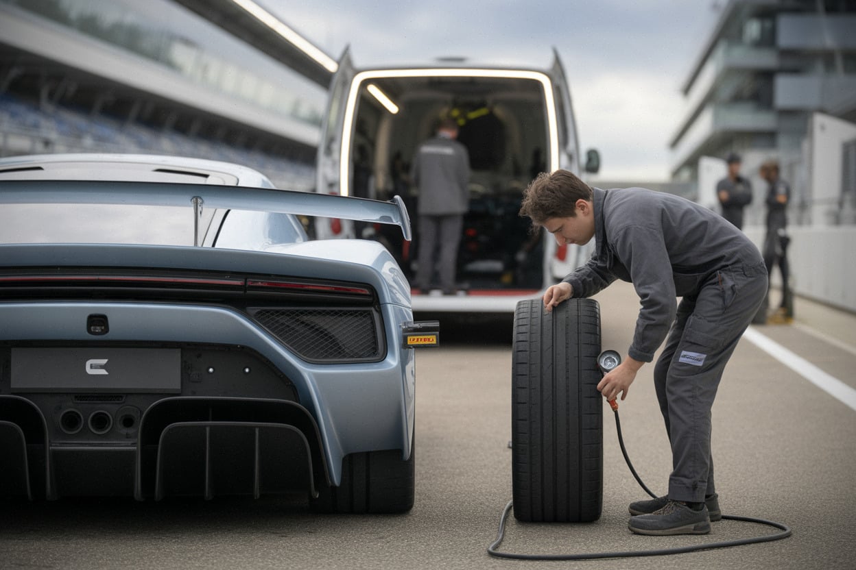 Hypercar électrique chinoise au paddock, contrôle pneus avant essais vitesse