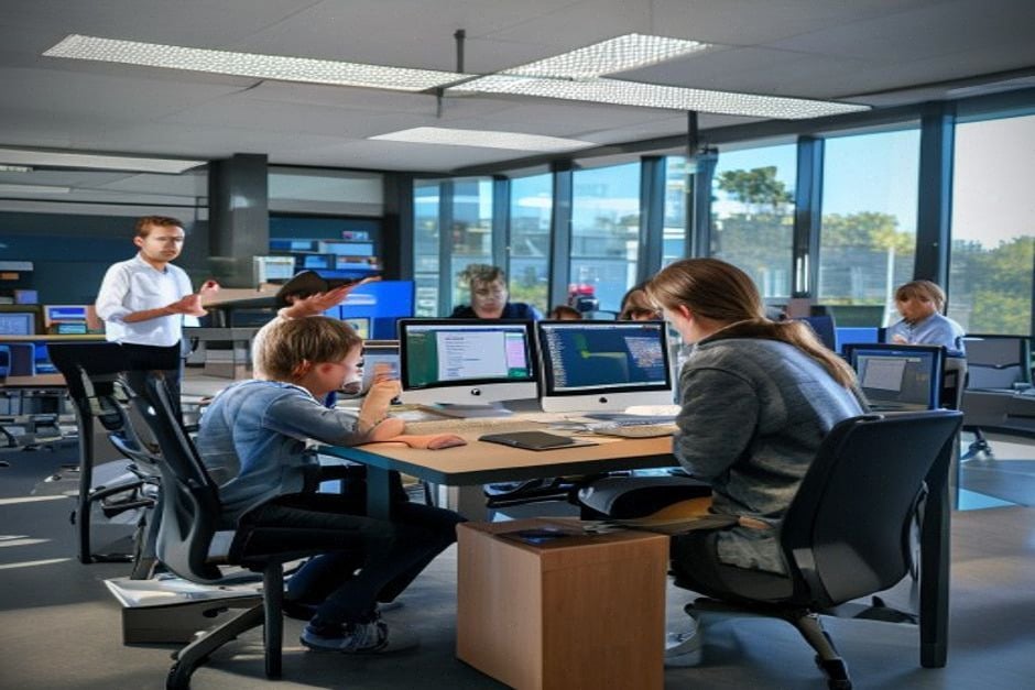 Atelier Minecraft Education en classe, élèves encadrés par un enseignant