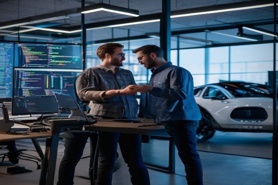 Ingénieurs analysant un modèle IA ouvert en entreprise moderne
