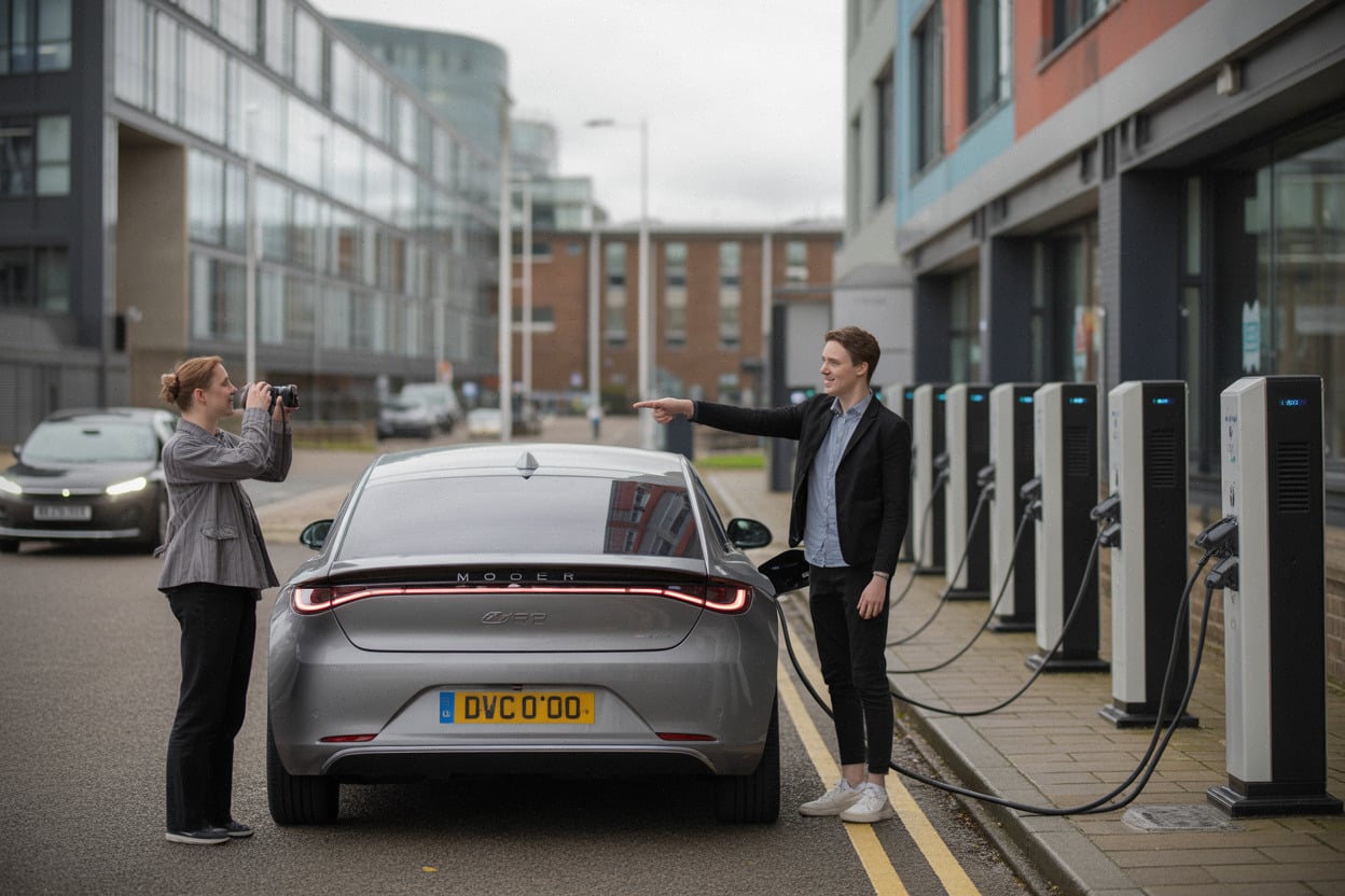 Scène de recharge d’un véhicule électrique près de Manchester City