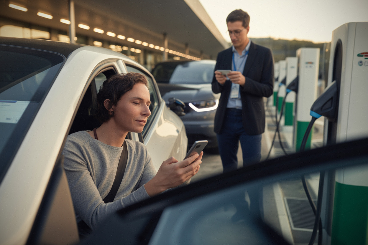 Conducteur comparant tarifs de recharge sur smartphone avant de brancher.