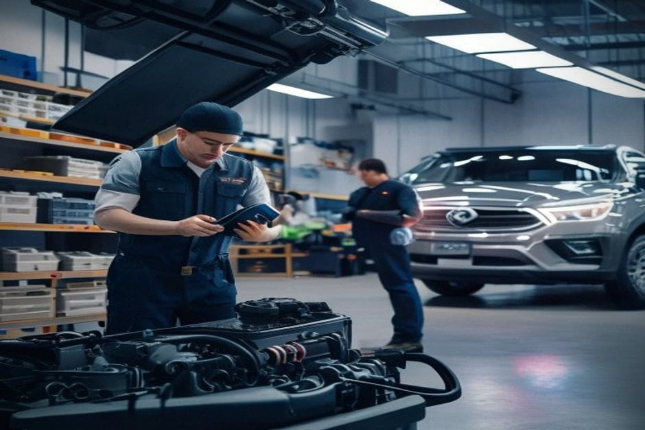 Atelier SAV inspectant un SUV hybride avec outil de diagnostic