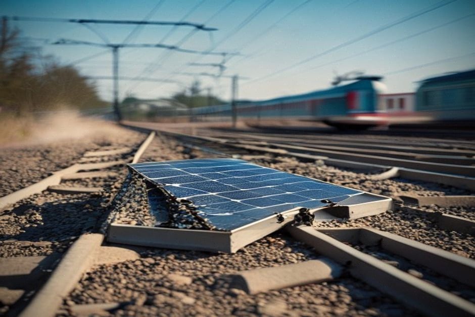 Prototype de panneau solaire entre rails, salissures et ombrages visibles