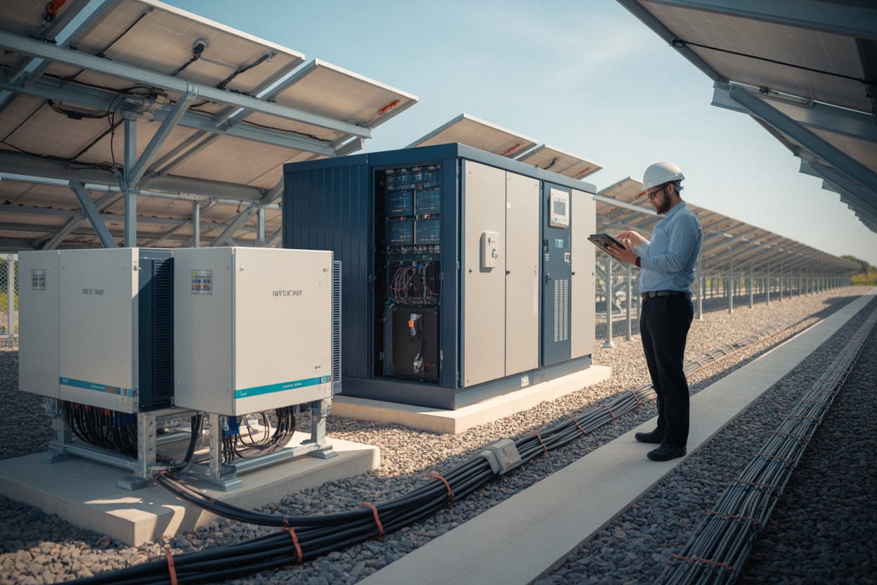 Technicien devant batteries et onduleurs d’une centrale solaire hybride