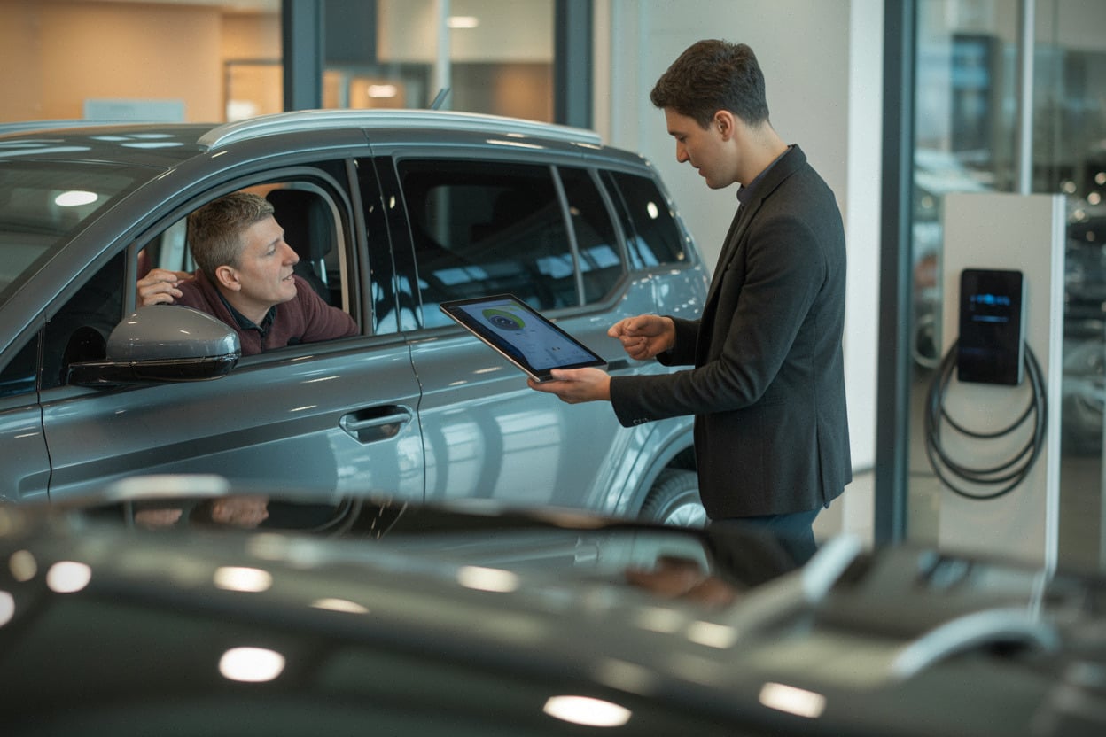 Présentation d’un SUV Chery en concession belge, vendeur et client.