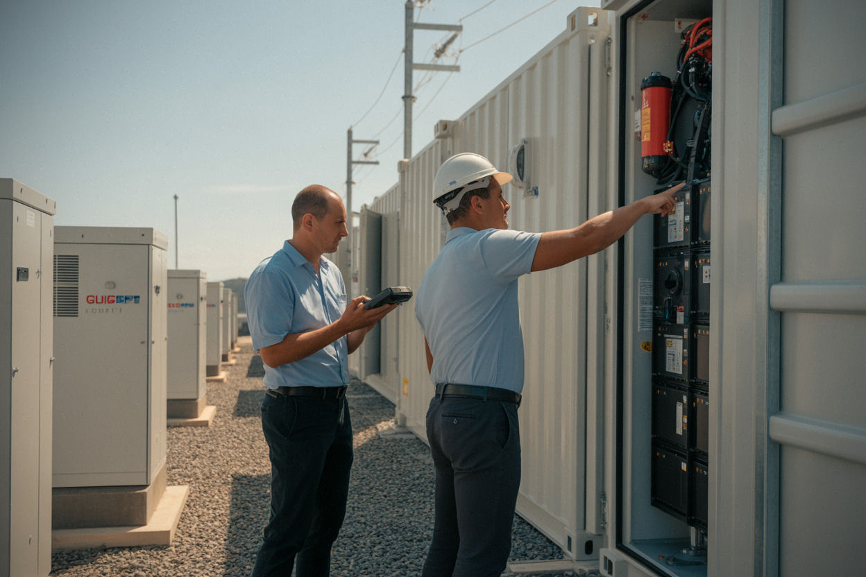 Techniciens contrôlant la sécurité d’un site de batteries réseau en Italie