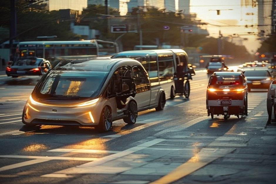 Microcar à deux roues en circulation face aux voitures et vélos