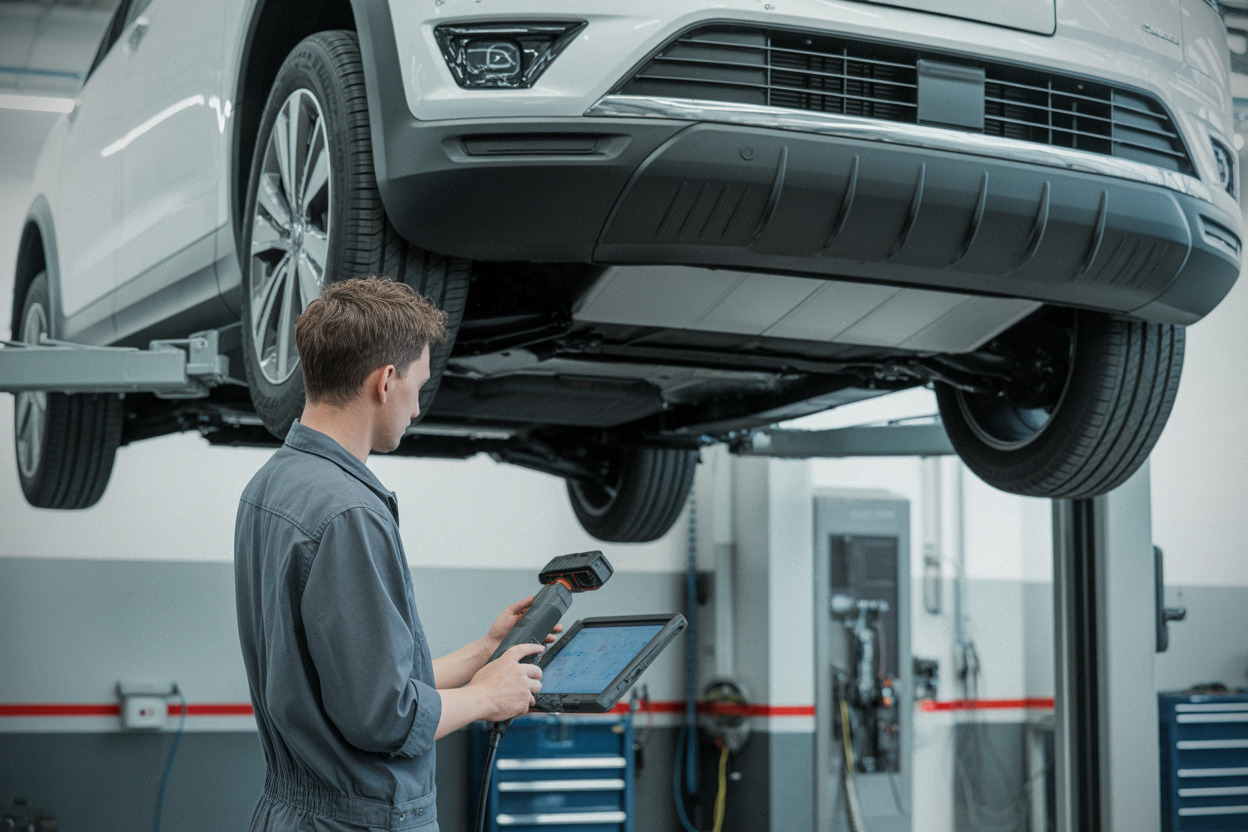 Technicien inspectant les fixations sous un SUV électrique en atelier