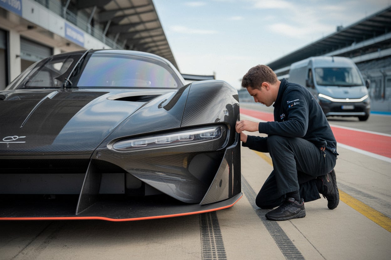 Détails aérodynamiques d’une hypercar électrique en essai sur circuit moderne