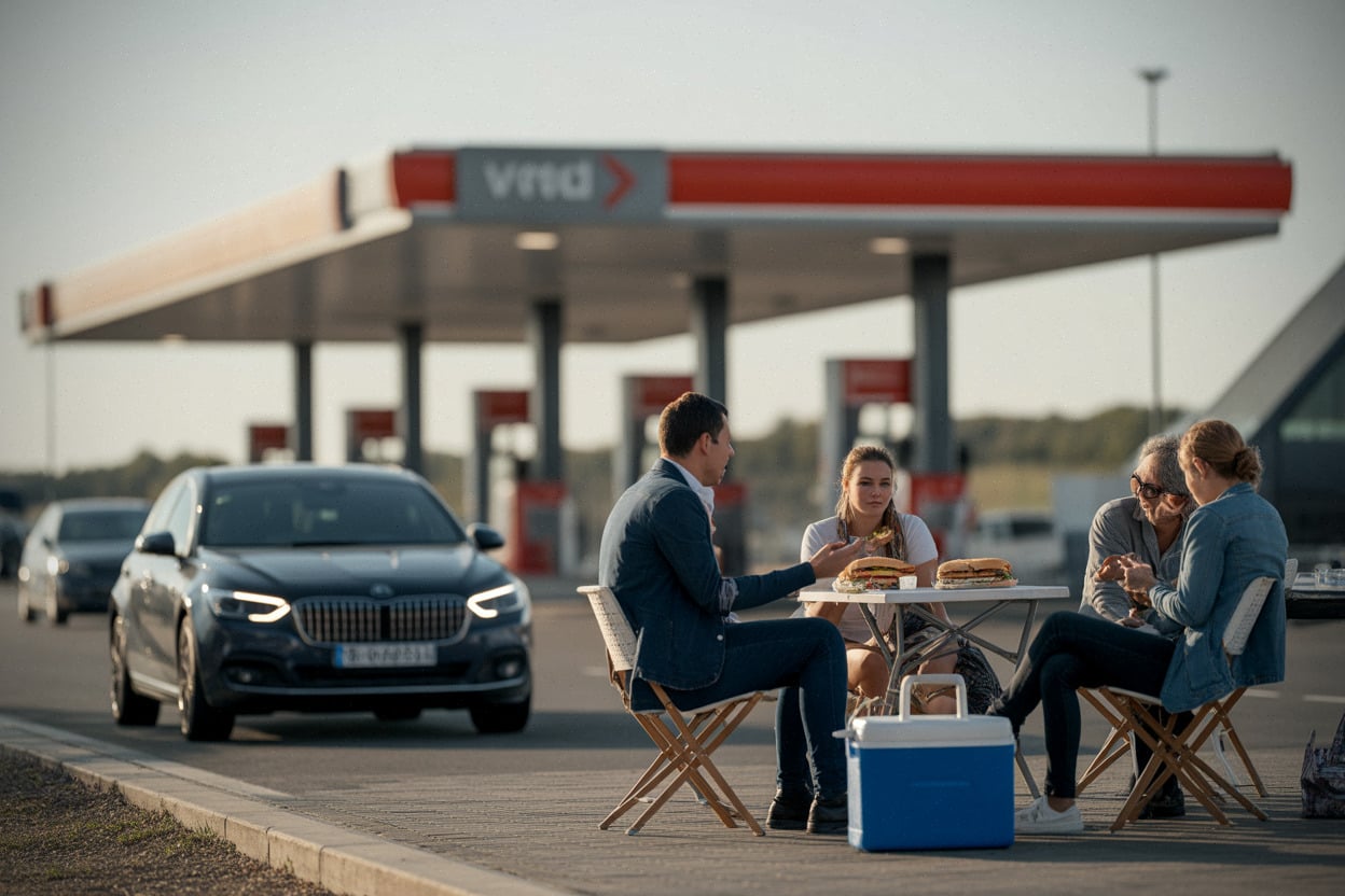 Vacanciers en pause sur aire d’autoroute, dépenses réduites face aux carburants