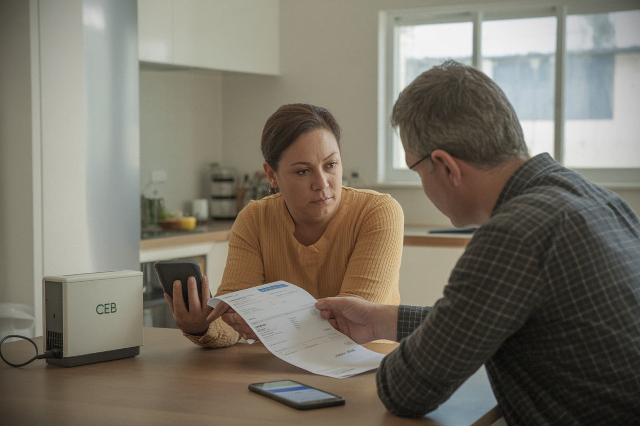 Ménage vulnérable et agent CEB discutent économies sur facture d’électricité