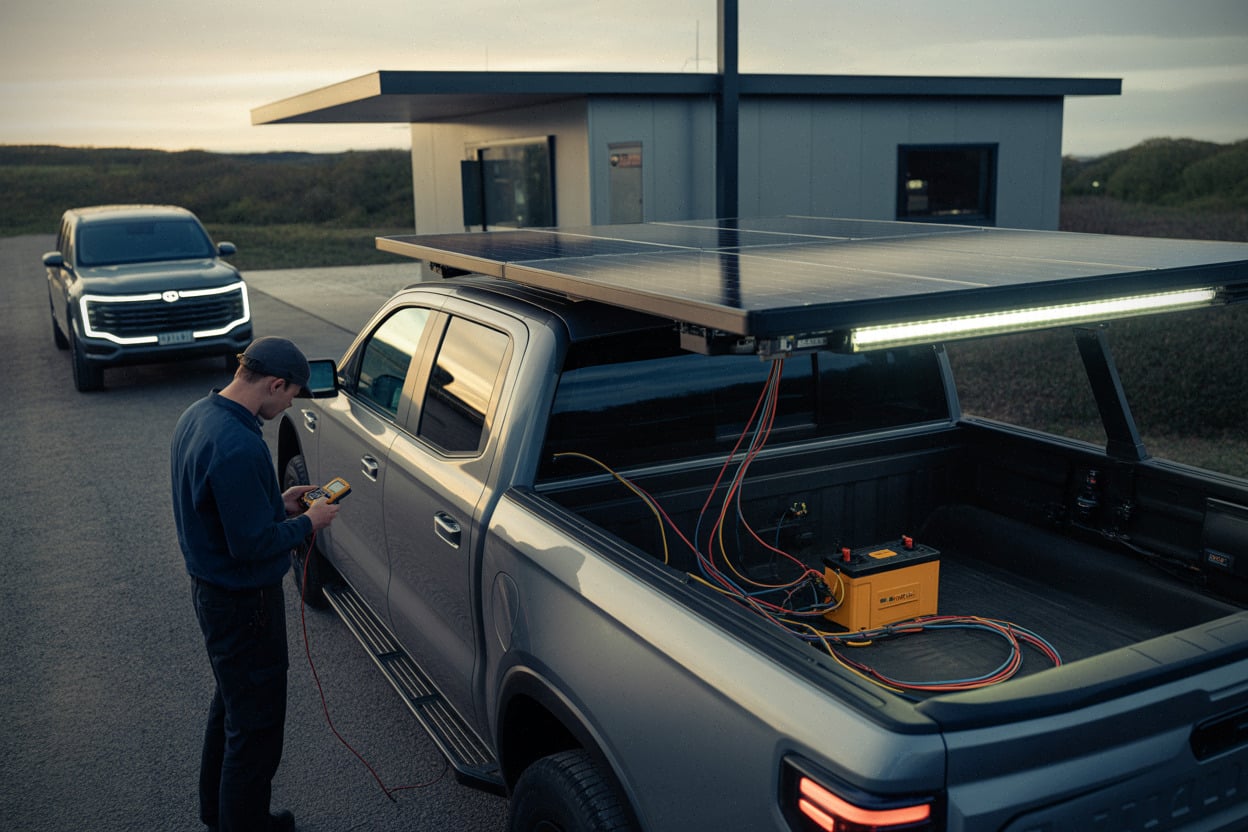 Panneaux solaires et batterie auxiliaire alimentant une pompe d’intervention
