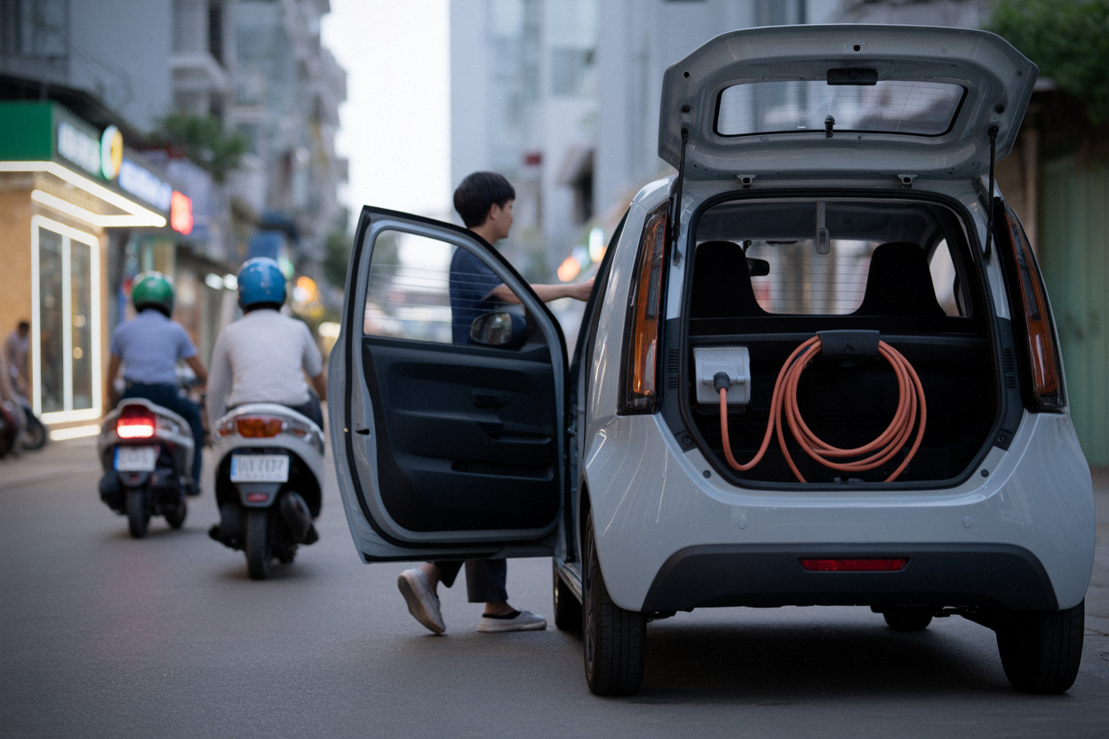 Citadine électrique compacte au Vietnam, usage urbain et stationnement.