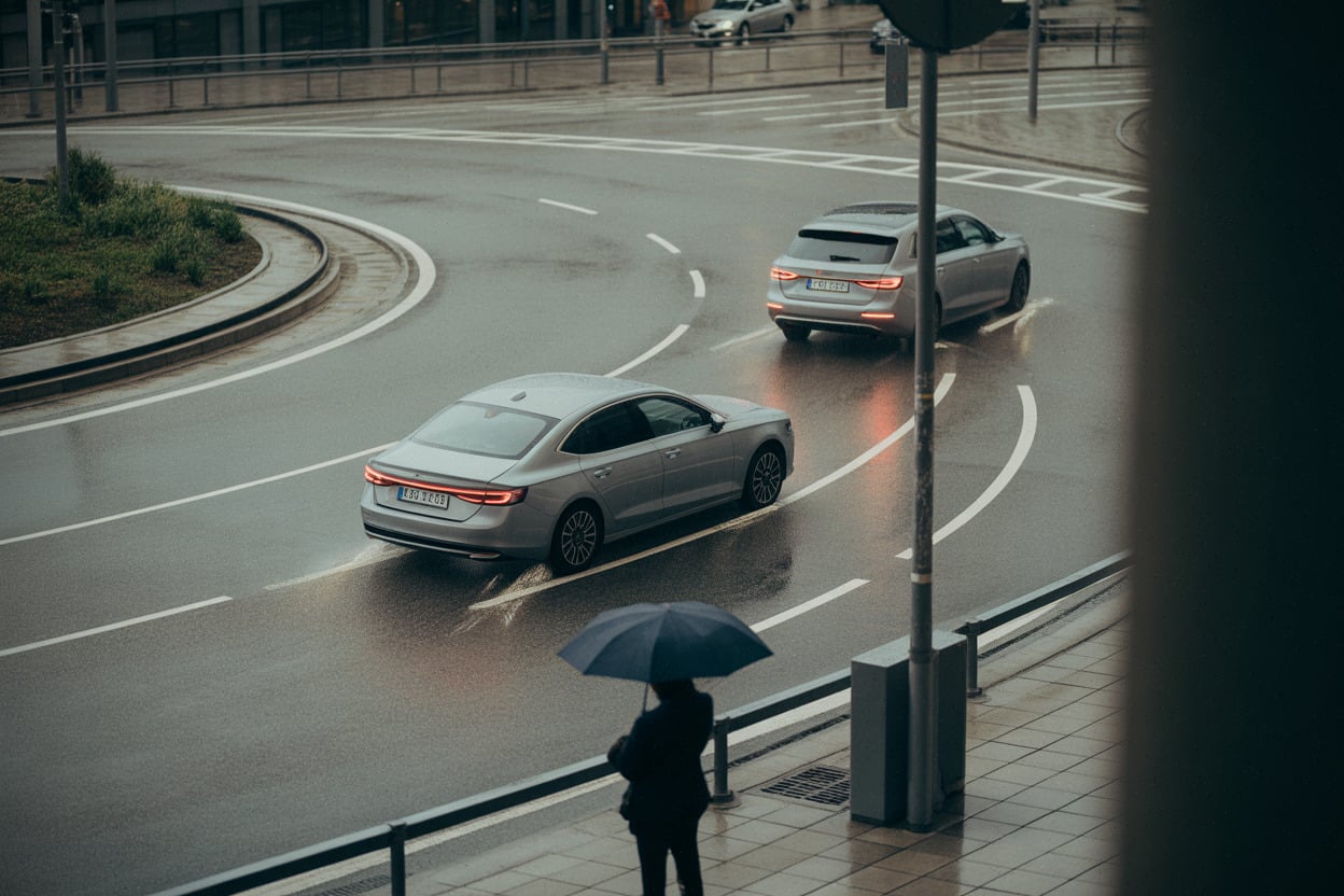 Rond-point sous la pluie, freinage anticipé pour éviter le verglas d’été