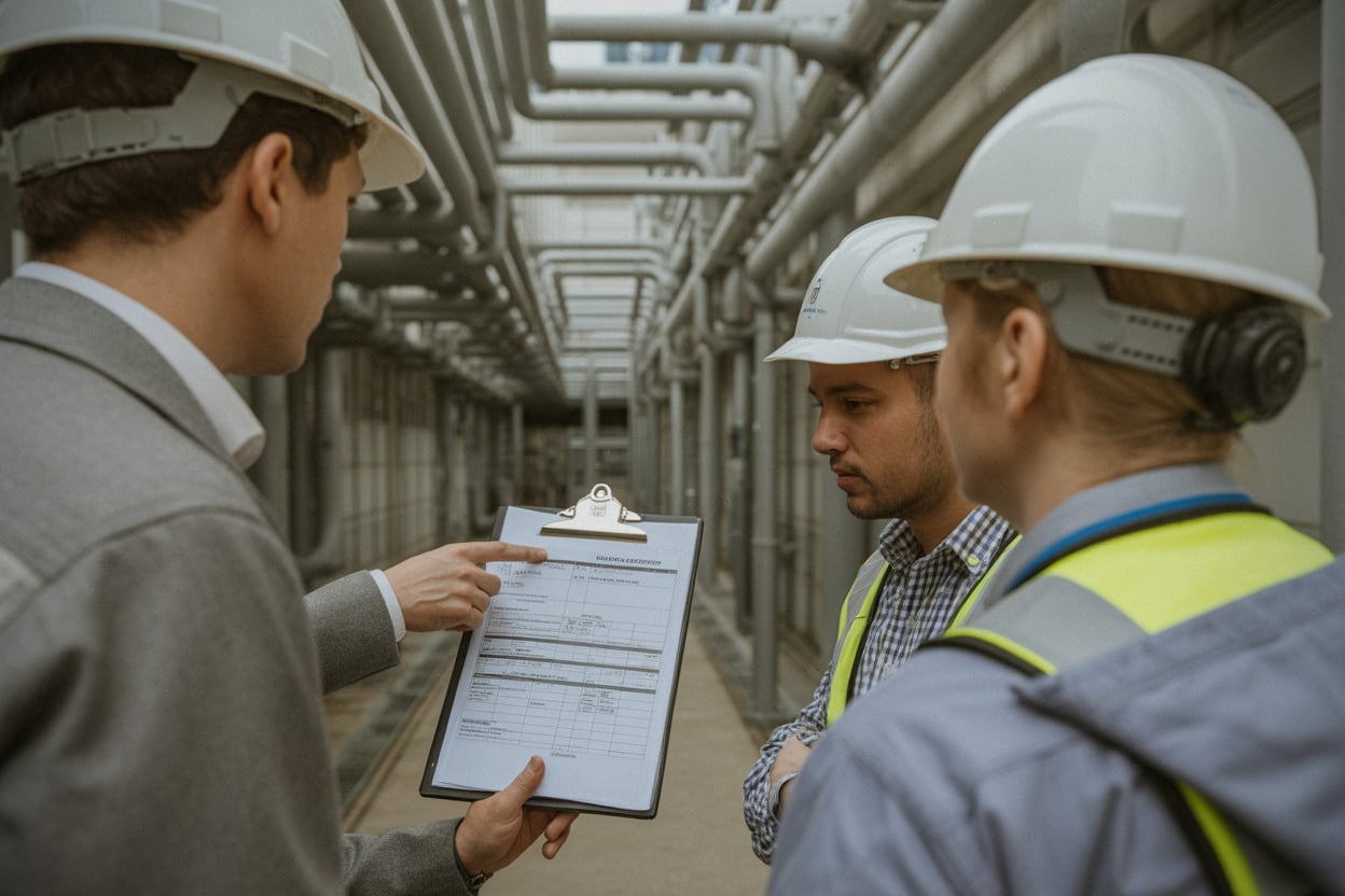 Équipe de maintenance nucléaire en briefing de chantier, procédures de sécurité visibles