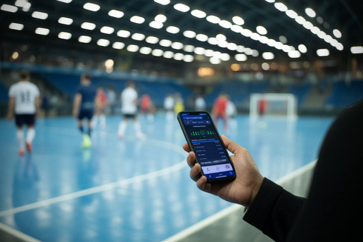 Supporter consultant des statistiques futsal sur smartphone, salle moderne en arrière-plan