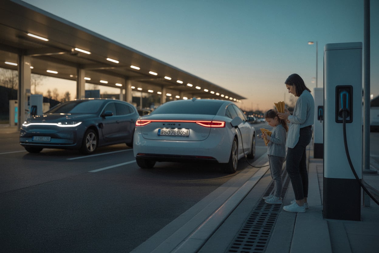 Attente à une station de recharge rapide sur autoroute en période chargée
