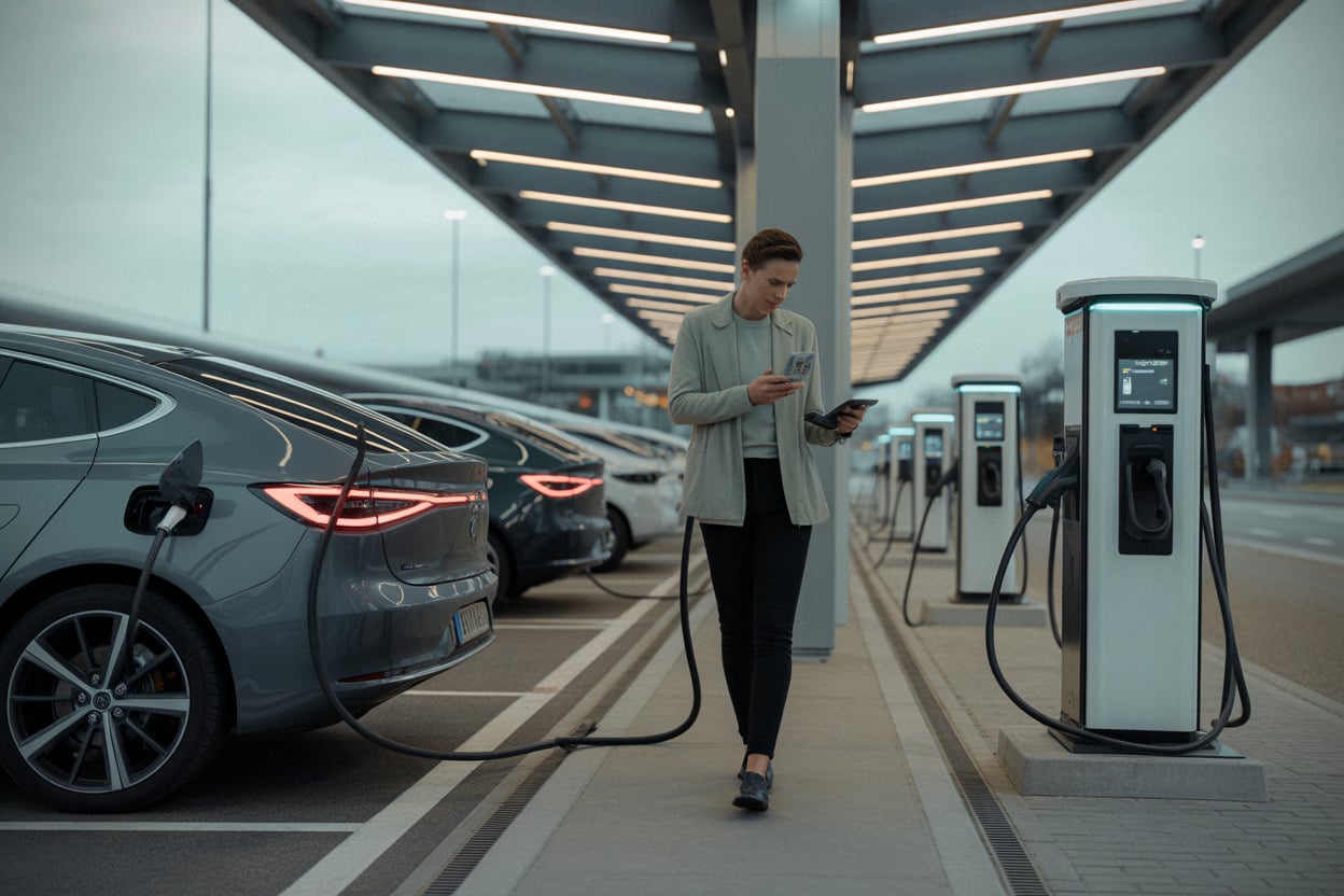 Station de recharge rapide sur autoroute, tarifs consultés via application