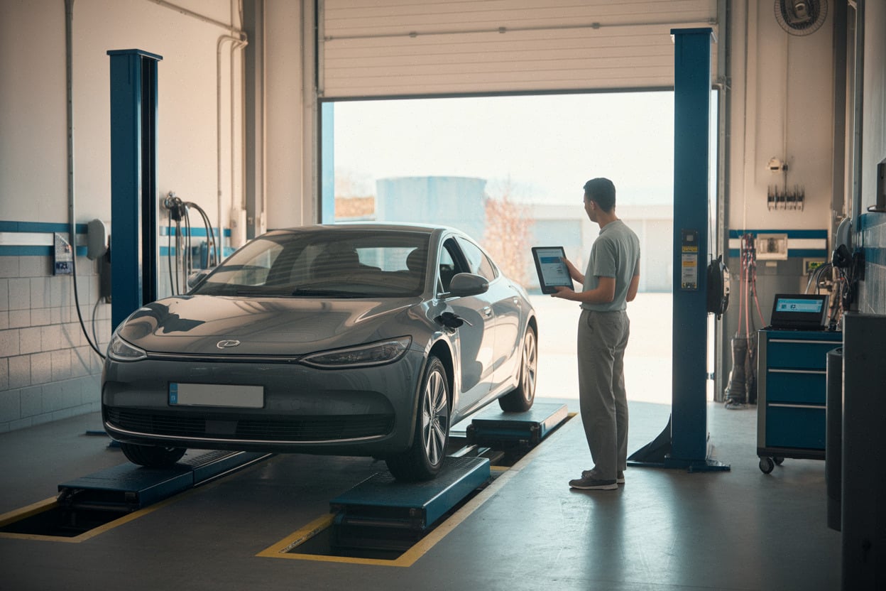 Atelier SAV contrôlant une voiture électrique avant revente d’occasion